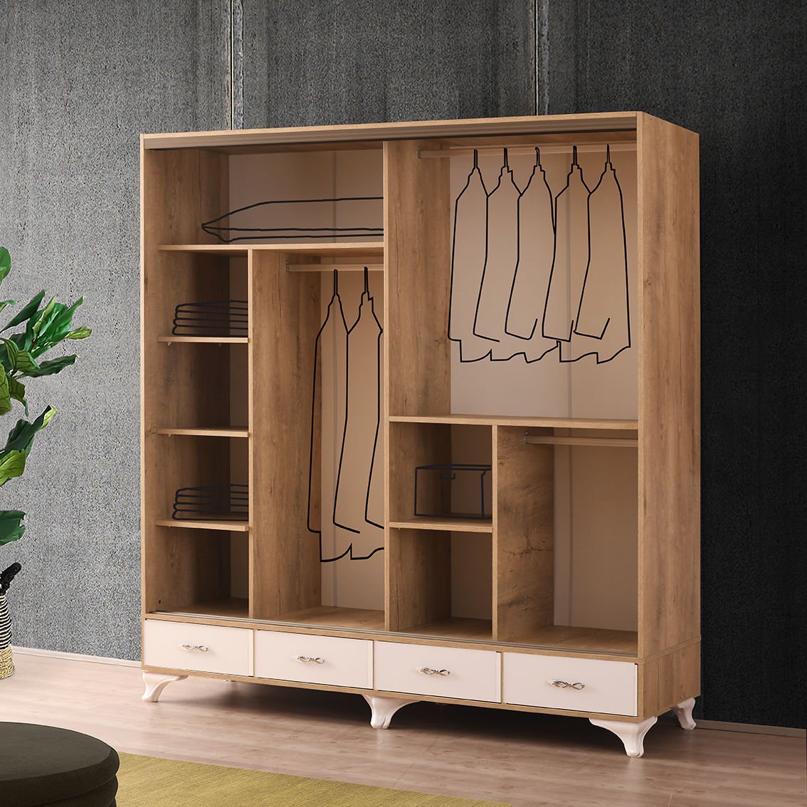 Mars Sürgülü Kapaklı Şifonyerli Gardırop 200 cm