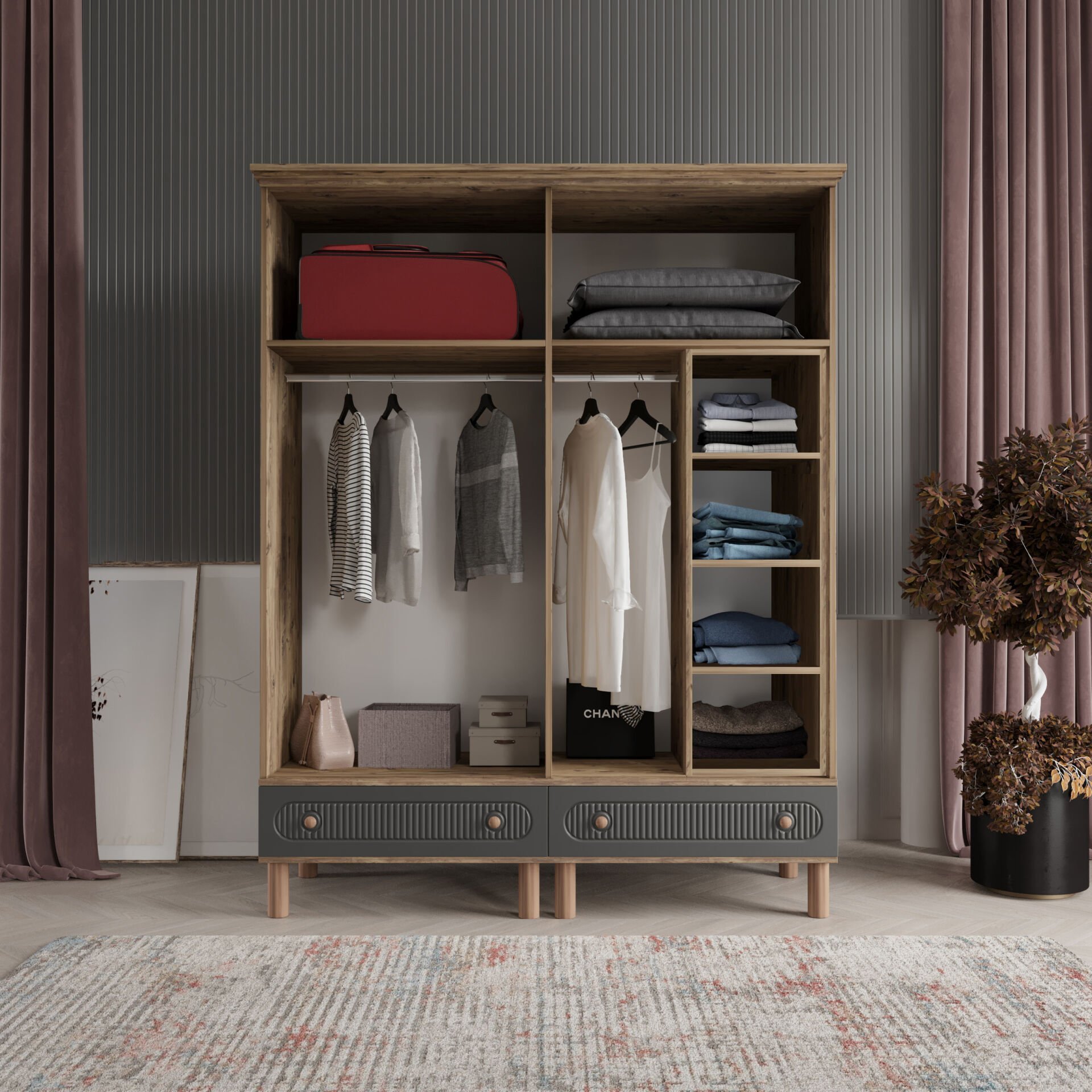 Furkan 4 Kapaklı Gardırop Bohem Modüler Dolap 160cm.